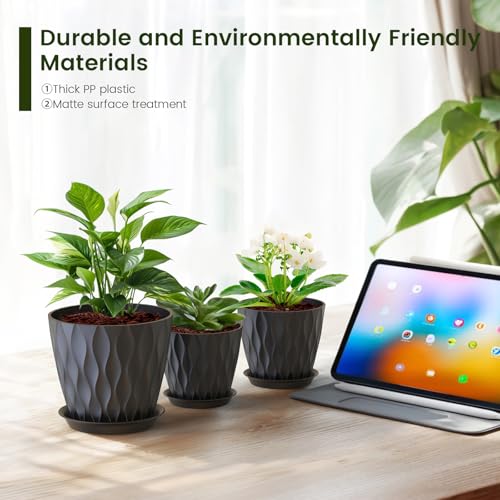 7/6.5/6/5.5/5/4.5/4 inch Plant Pots for Indoor Outdoor Plants, 7 Pack Thick Flower Pots with Drainage Holes and Saucers, Modern Wave Texture Plastic Planter Pots for Nursery, Succulent, Black (Black / 7+6.5+6+5.5+5+4.5+4 inch 7 pieces)