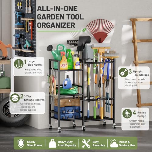 Garden Tool Organizer with 6 Industrial Wheels & Large Hooks (29.5"W*11.8"D*33.5"H-with Wheels)