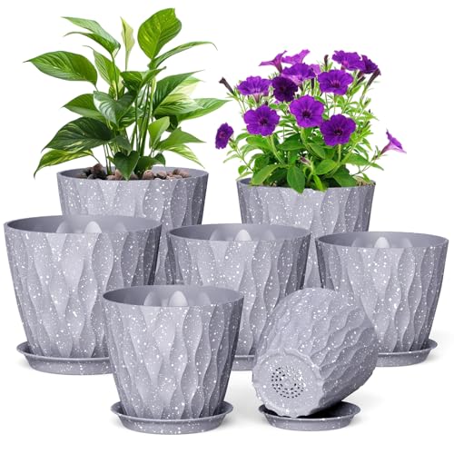 7/6.5/6/5.5/5/4.5/4 inch Plant Pots for Indoor Outdoor Plants, 7 Pack Thick Flower Pots with Drainage Holes and Saucers, Modern Wave Texture Plastic Planters Nursery Pots, Speckled Grey (Grey With White Speckles / 7+6.5+6+5.5+5+4.5+4 inch 7 pieces)