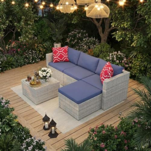 5 Piece Outdoor PE Wicker Patio Sofa Set (Grey/Blue / 5 Pieces)