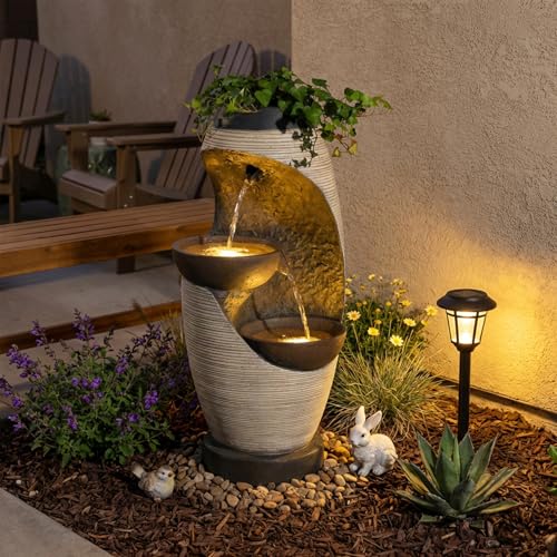 2 Tier Bowl Water Fountain with LED Lights (Beige-27.95")