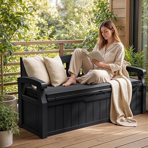 80 Gallon Resin Outdoor Storage Bench with Cushion. Waterproof (Black / 80 Gal with Cushion)