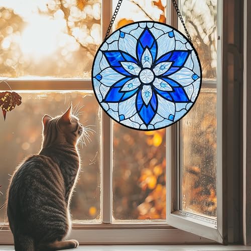 Stained Glass Window Hanging (Light Blue / 9.8x9.8 IN)