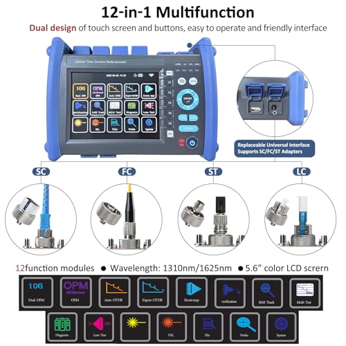 12-in-1 OTDR Optical Fiber Tester 1310/1550/1625nm,37/36/37db,5.6' Touch Screen,Integrat ing Automatic OTDR, Expert OTDR, Event Map, 10G Dual OPM,Optical Power Meter, End StateCheck (SJ Blue and Black)