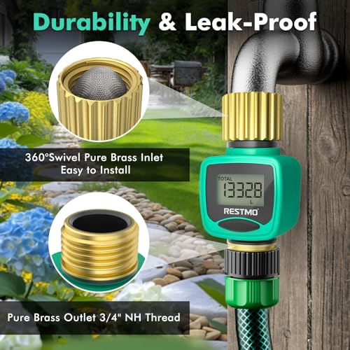 2 Pack] RESTMO Heavy Duty Water Flow Meter with Brass Inlet & Outlet (Green / 2 Pack)