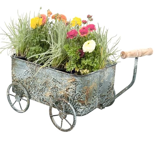 Vintage Flower Cart with Wooden Handles Metal Wagon Planter Blue