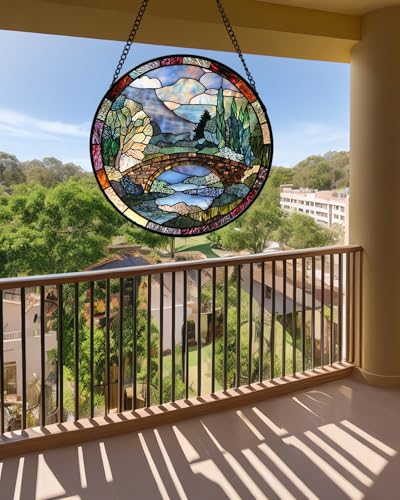 Stained Glass Window Hanging Arch Bridge Suncatcher Gifts for Women 7.8" (Blue Brown / 7.8x7.8 IN)