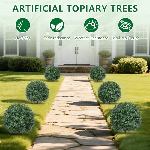 Artificial 4 Pack Boxwood Topiary Plant with Ground Spike for Outdoor (Boxwood Ball 4pcs)