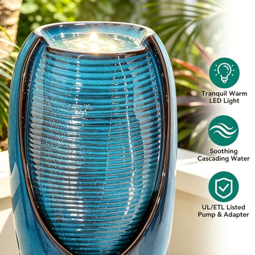 Autodaya 33" H Ceramic Jar Outdoor Water Fountain (32"h-leaf Pattern Teal Blue Glaze)