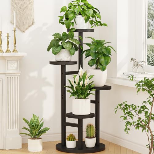 Wood Small Plant Stand Table Tall for Indoor Corner (Matte Black / 4 Tier)