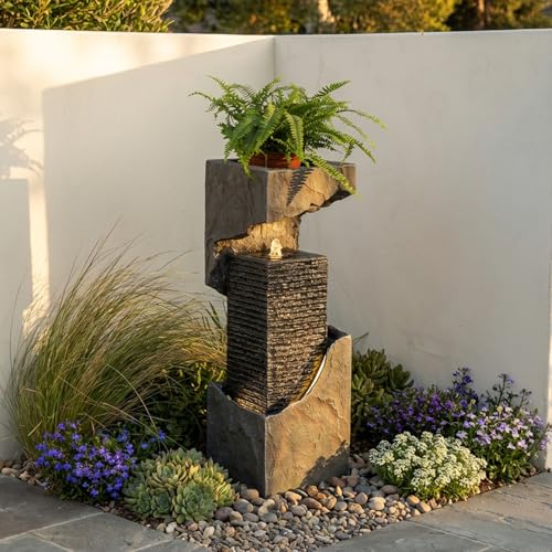 Modern Rectangular Water Fountain Outdoor with LED Lights & Planter Top (Graymodern35.4)