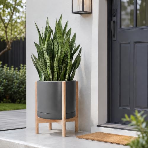 Ceramic Pot with Natural Wood Stand (14 Inch / Grey Pot + Natural Stand)