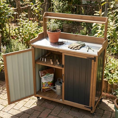 Rolling Potting Bench with Storage and Galvanized Metal Top (Black / 37" x 18" x 47")