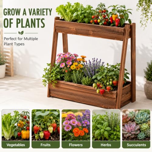 36" 2 Tier Freestanding Elevated Wooden Raised Garden Bed (36" H Garden Bed-carbonized Wood Color)