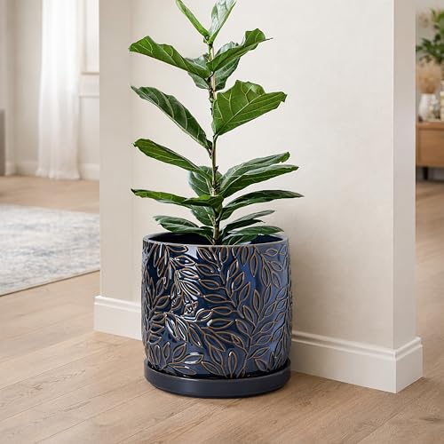 Embossed Leaves Ceramic Planter (10 Inch / Midnight Blue)