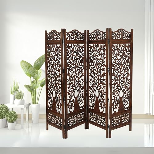 Room Divider Wooden Foldable Hand Carved Screens Panel_80" Wx72 H_4Panel (Burnt / 80"W x 72"H - Tree)