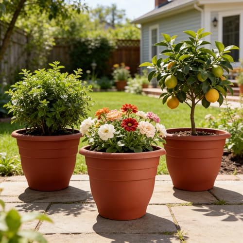 3 Pack 16 Inch Large Outdoor Plastic Plant Pots with Drainage Holes (Pottery Red / 16 inch)