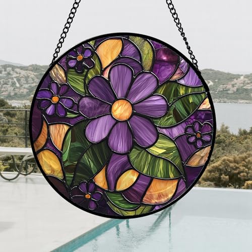 Stained Glass Window Hanging Purple Flower Suncatcher Gift for Women 7.8" (Brown-green / 7.8x7.8 IN)