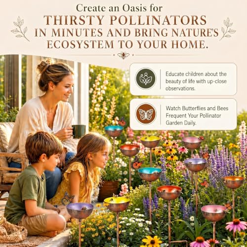 6 Pcs Bee Watering Station for Garden Bee Metal Watering Cups Butterfly Water Feeder Small Insects Bath Bowl Cups Metal Stakes for Outdoor Garden Decor (Colorful)