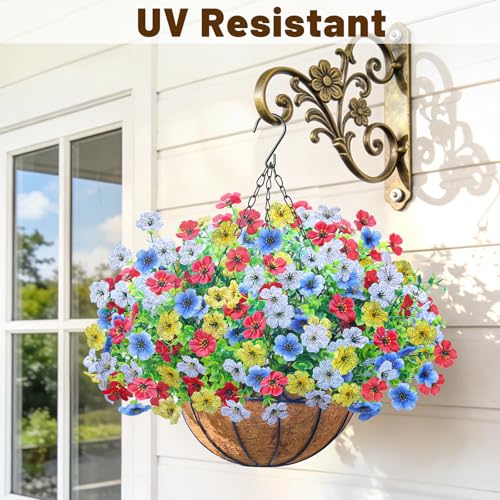 2 Set Artfiticial Hanging Flowers with Basket & Foam Outdoor (Red White Blue Yellow / 2 Pcs)