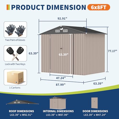 6x8 FT Metal Storage Sheds Outdoor with Solar Light (Brown / 6x8FT with Light)