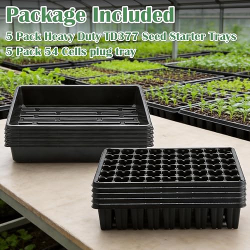 5 Pack Seedling Starter Trays No Holes and 5 Pack 54 Cell Seed Starter Trays Extra Deep 2.8" (54 Cells Plug Tray-5P+54 Cells Bottom Tray-5P)