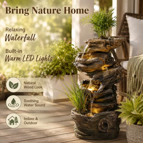 28" Wood Outdoor Water Fountain with Planter for Garden Decor (27.56"H / Brown)