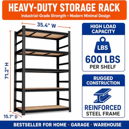 Heavy Duty Garage Shelving with Adjustable Wood Shelves 5 Tier (Wooden-5Tier-71.2"H*35.4''W*15.7''D)