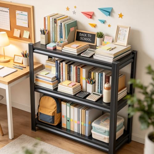 Heavy Duty Metal Bookshelf Adjustable 3 Tier Book Shelf with Bolt (3Tier 31.5"H×39.4"W×13.8"D)