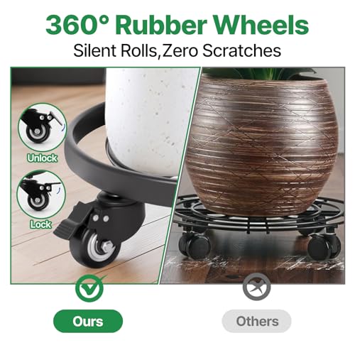 Metal Plant Caddy with Wheels Heavy Duty Iron Rolling Casters Plant Stand 2 Pack 12" Rollers Round Flower Pot Rack on Dolly Holder Indoor Outdoor Planter Trolley (12 inch x 2 pack)