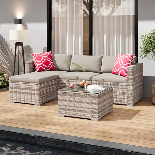 5-Piece All-Weather Patio Furniture Set, Convertible Outdoor Sectional Sofa with Ottoman & Tempered Glass Table, PE Rattan Conversation Set for Garden, Backyard, Porch, Poolside (Grey/Light Grey / 5 Pieces)