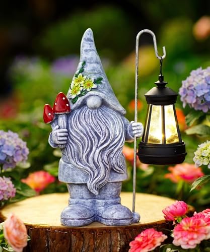 Garden Gnome Statue with Lantern (Mushroom Gnome)