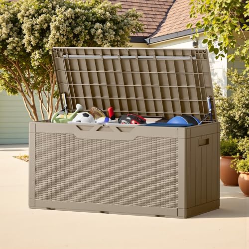 Outdoor Storage Box 100 Gallon Storage Bin with Lid for Patio Furniture (Light Coffee / 100 Gallon)