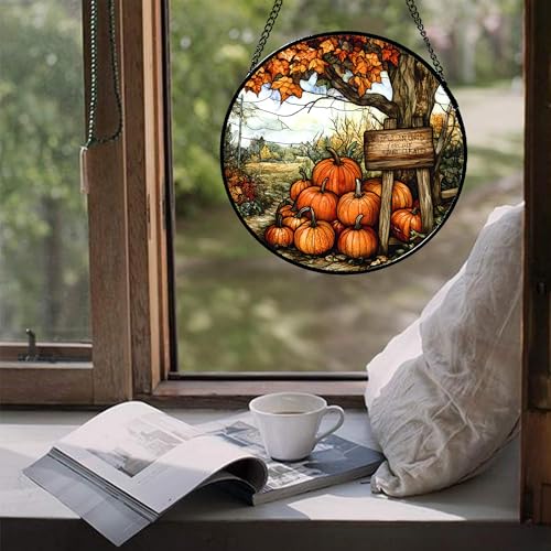 Snowy Christmas Cabin Stained Glass Window Hanging Suncatcher Gifts 12" (Orange / 11.8x11.8 IN)