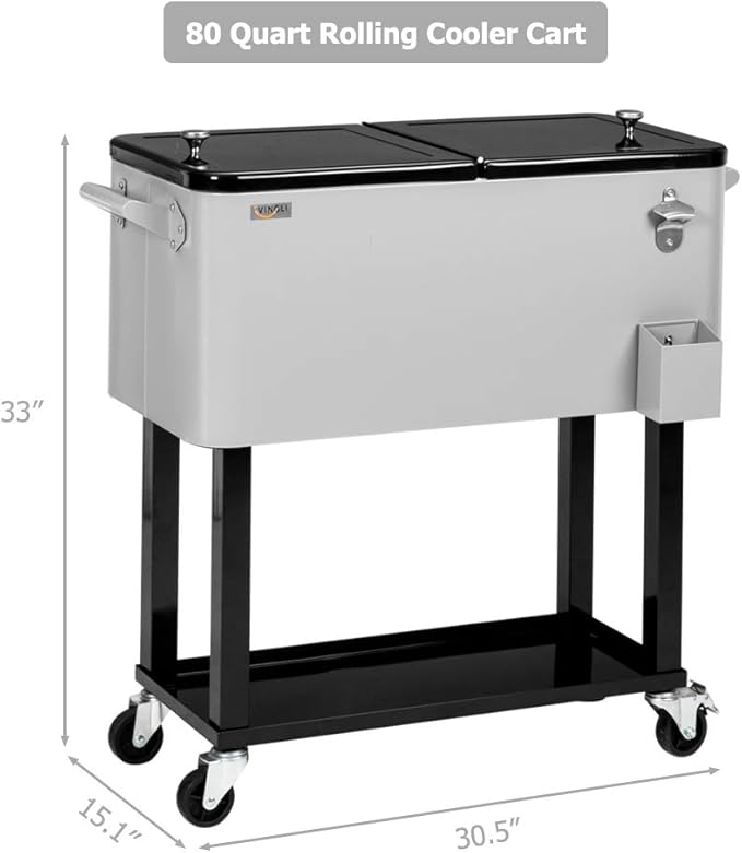VINGLI 80 Quart Rolling Ice Chest, Portable Patio Party Bar Drink Cooler Cart, with Shelf, Beverage Pool with Bottle Opener