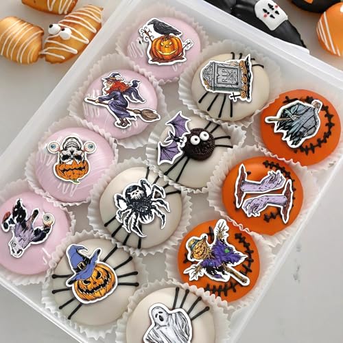 48pcs Edible Halloween Themed Pumpkin for Cake Decorating Spider Cupcake Toppers Bat Wedding Themed Party Birthday Cake Decoration