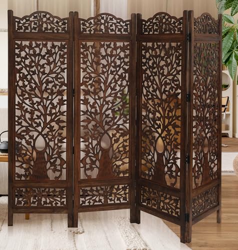 Room Divider Wooden Foldable Hand Carved Screens Panel_80" Wx72 H_4Panel (Burnt / 80"W x 72"H - Tree)