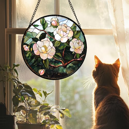 Pink Camellia Stained Glass Window Hanging Suncatcher Gifts for Women 15"