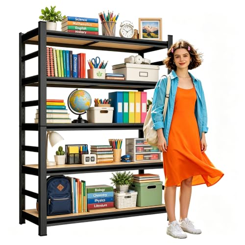 Heavy Duty Wood Bookshelf Adjustable 5 Tier Book Shelf with Bolt (Wood 63"H×27.5"W×11.8"D)