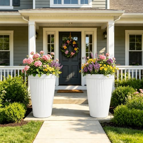 Autodaya 20" Tall Fluted Resin Planters Set of 2 with Drainage Holes (White Fluted-20"h)