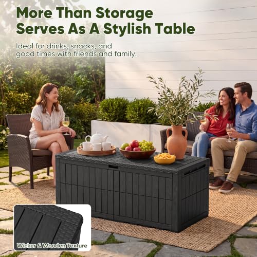 185 Gallon Deck Box Resin Outdoor Storage Box Waterproof (Black / 185 Gallon)