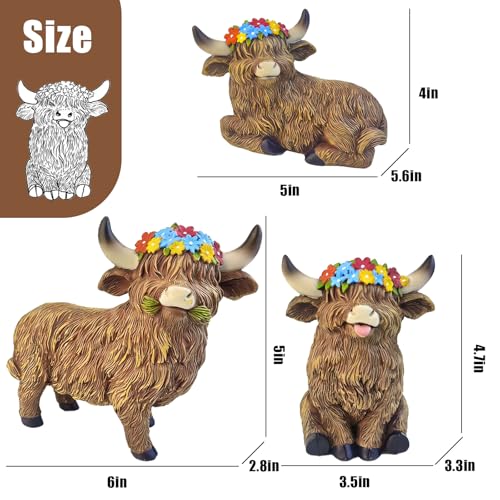 Highland Cow Garden Statues Set of 3 Resin Funny Outdoor Patio Lawn Decor (Dark Brown)