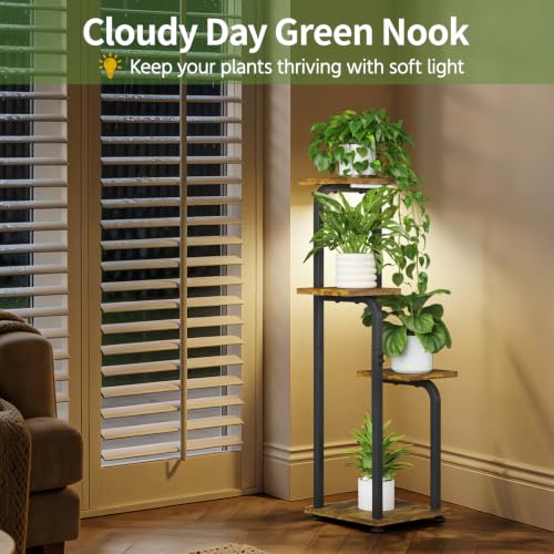 Plant Stand Shelf Tall for Indoor Corner with Lights (Classic Brown-Black with Lights / 4 Tier)