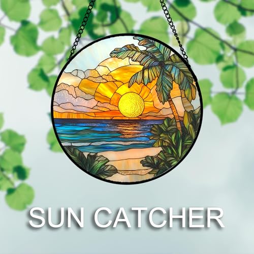 Stained Glass Window Hanging 4 Pcs Set Blue Ocean Coconut Tree Scenery Large 15" (4-piece Set Blue-green / 14.9x14.9 IN)