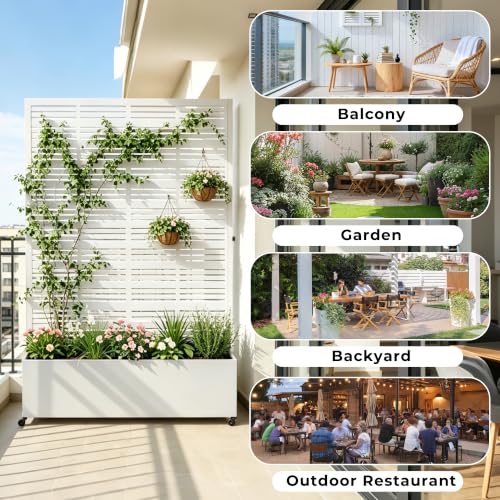 Double Metal Planter Box with Trellis Privacy Screen (White Line / 73"x 47"x 30")