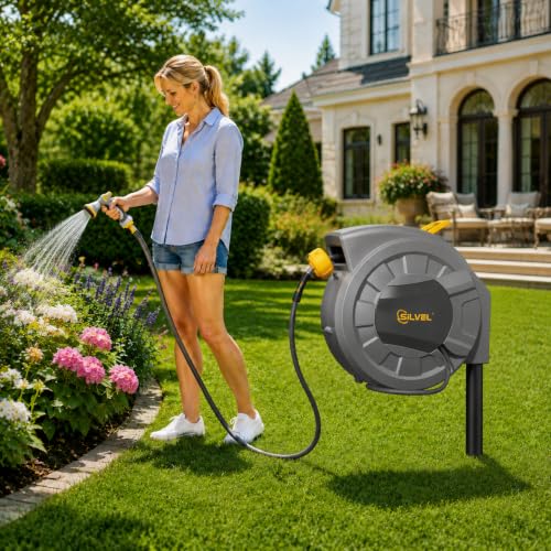 Automatic Retractable Garden Hose Reel on Metal Spike (Dark Grey / 1/2"×90FT)