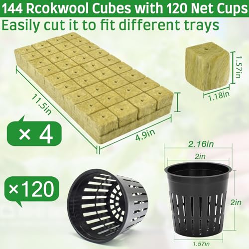 144PCS 1.2" Rockwool Cubes & 120PCS 2" Net Cups for Hydroponics (264 Count)