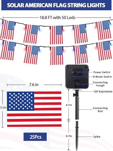 4th of July Decorations 50 LED Solar American Flag String Lights Outdoor (Red-Blue-White Flag / 1 Pack)
