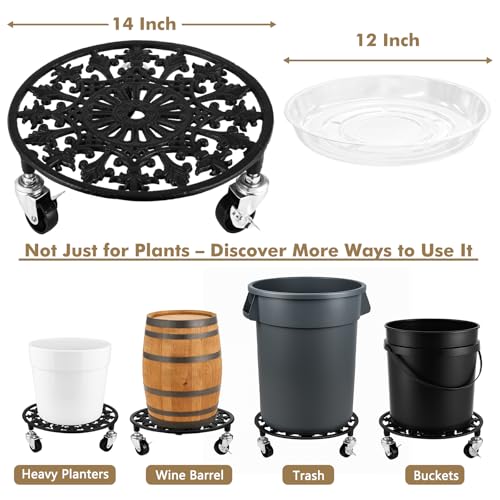 3 Pack Plant Caddy with Wheels 14 Inch Rolling Plant Stand for Large Plants Heavy Duty Plant Rollers Metal Plant Dolly Rustproof Planter Stand Wrought Iron Plant Stands Flower Cart Indoor Outdoor (14 inches)