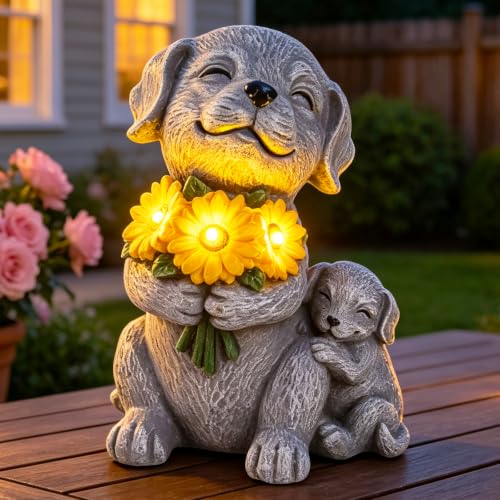 Garden Statue Dog Figurine with Solar Sunflowers Bouquet Outdoor Decoration